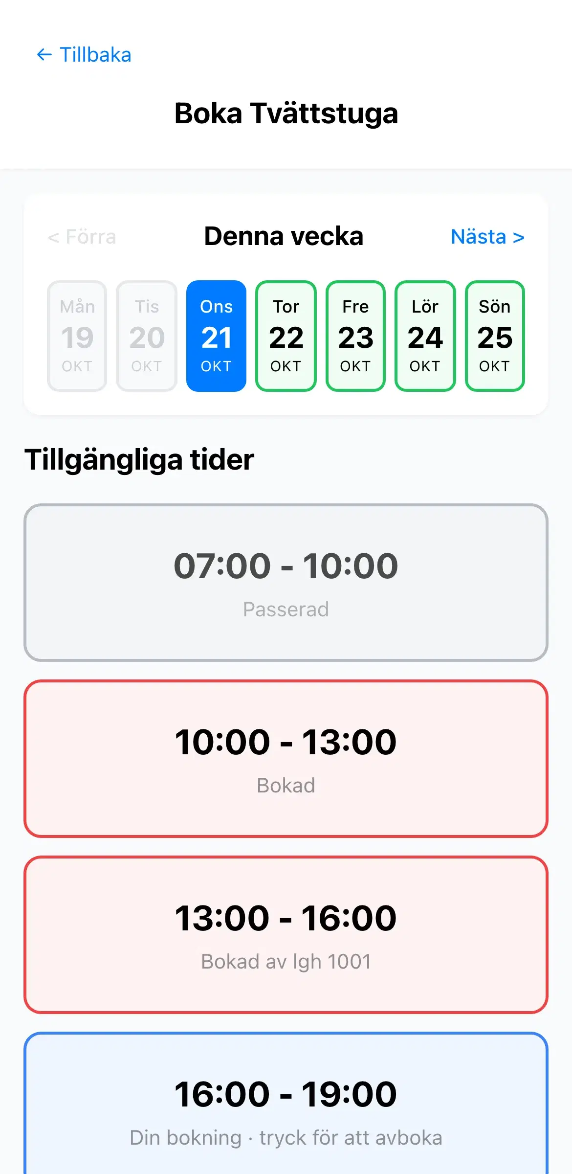 Veckovyn i mobilen med lediga dagar i grönt